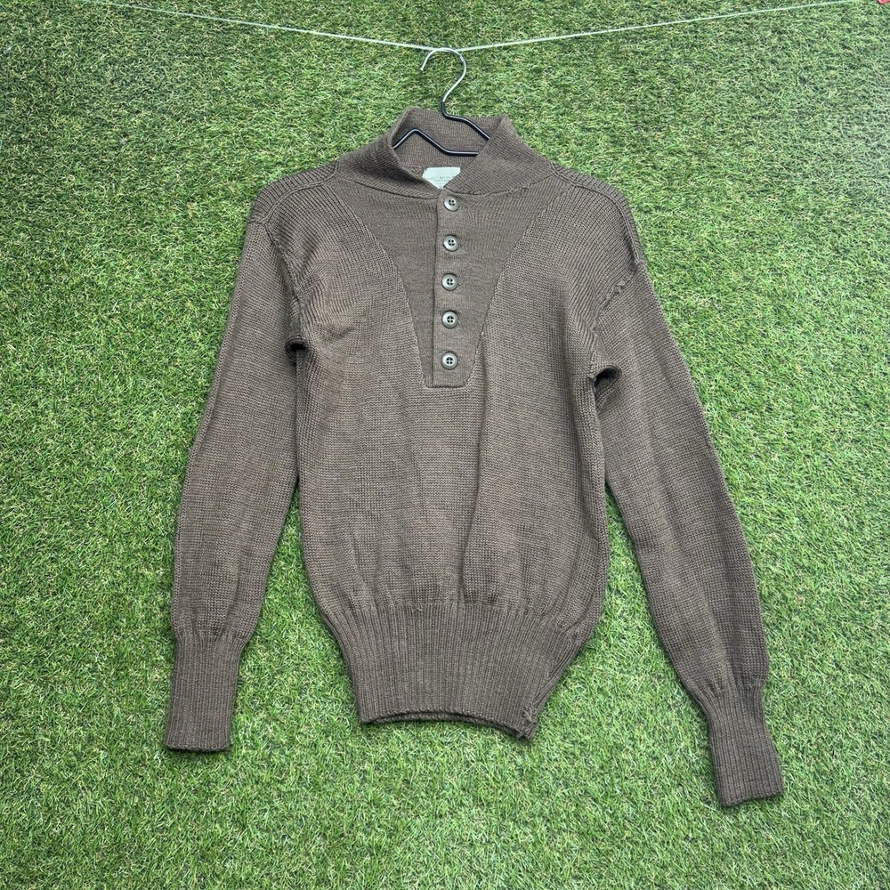 VINTAGE US Army Sweater Mens Small Brown Long Sleeve Wool 5 Button Henley 80s